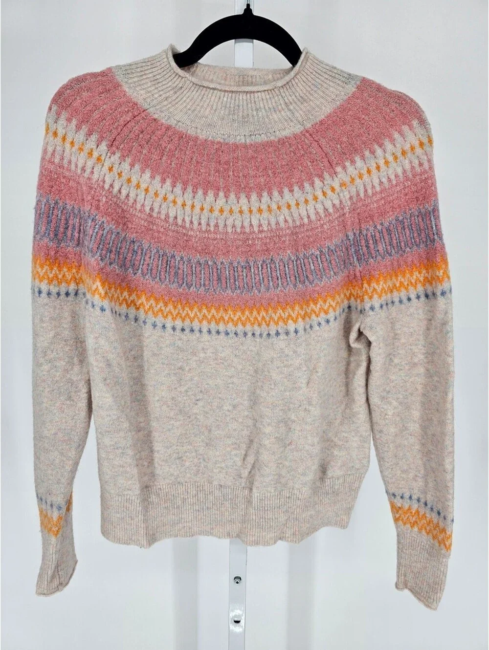 J Crew Womens Sz S Fair Isle Yoke Rollneck Sweater In Supersoft Yarn Cream Pink